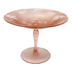Fostoria Iridescent Pink Glass Brocade Palm Compote