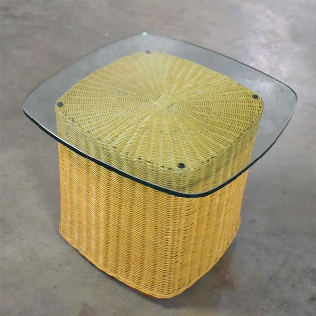 Coffee Rattan Wicker Organic Modern Side Table With Thick Glass Top For Sale - Image 8 of 13