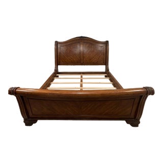 Attributed Kreiss Collection King Sleigh Bed Frame – Solid Wood, Leather, Nailhead Trim For Sale