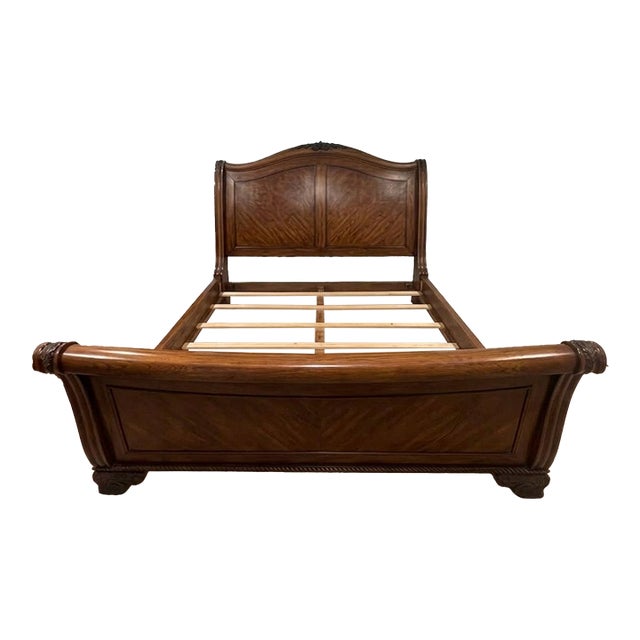 Attributed Kreiss Collection King Sleigh Bed Frame – Solid Wood, Leather, Nailhead Trim For Sale