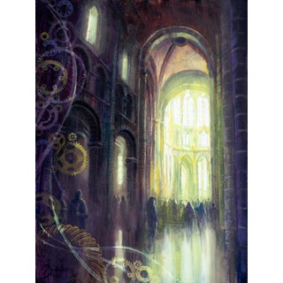 Mont Saint Michel Abbey by Christopher Clark | Oil and Acrylic on Wood Panel Interior of an abbey with light streaming through windows. For Sale