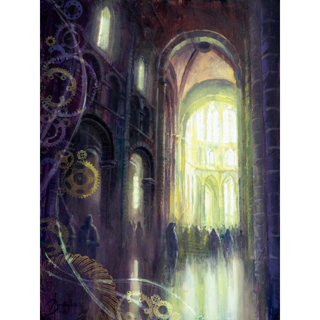Mont Saint Michel Abbey by Christopher Clark | Oil and Acrylic on Wood Panel Interior of an abbey with light streaming through windows. For Sale