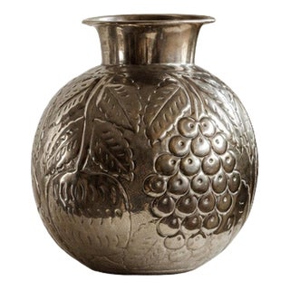 Vintage Nickel-Plated Brass Vase with Hand-Hammered Fruit and Leaf Relief, Italy, 1960s For Sale