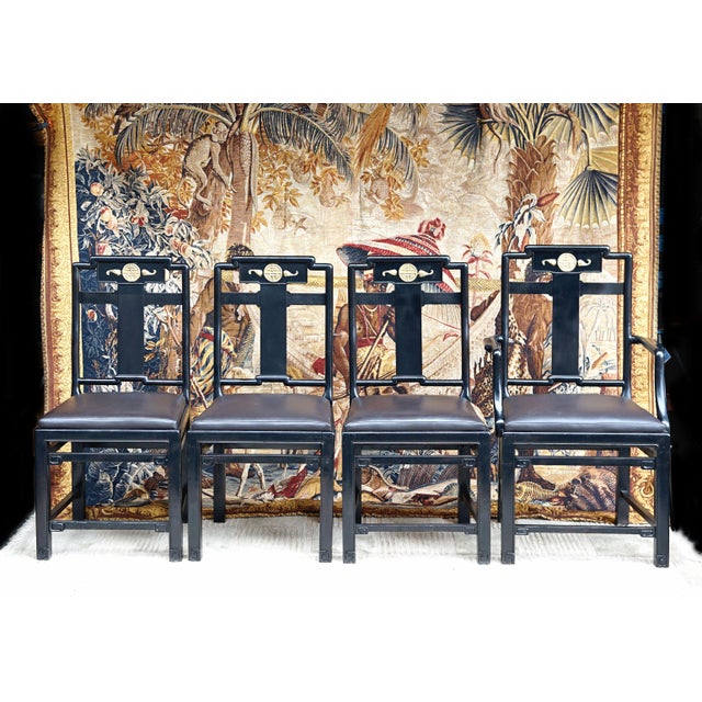 Early 20th Century Black Lacquer Chinese Influence Charcoal Leather Dining Chairs- Set of 4 For Sale - Image 13 of 13