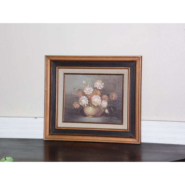 Wood Vintage Framed Floral Still Life Oil on Board Painting Art Signed Robert Cox For Sale - Image 7 of 12