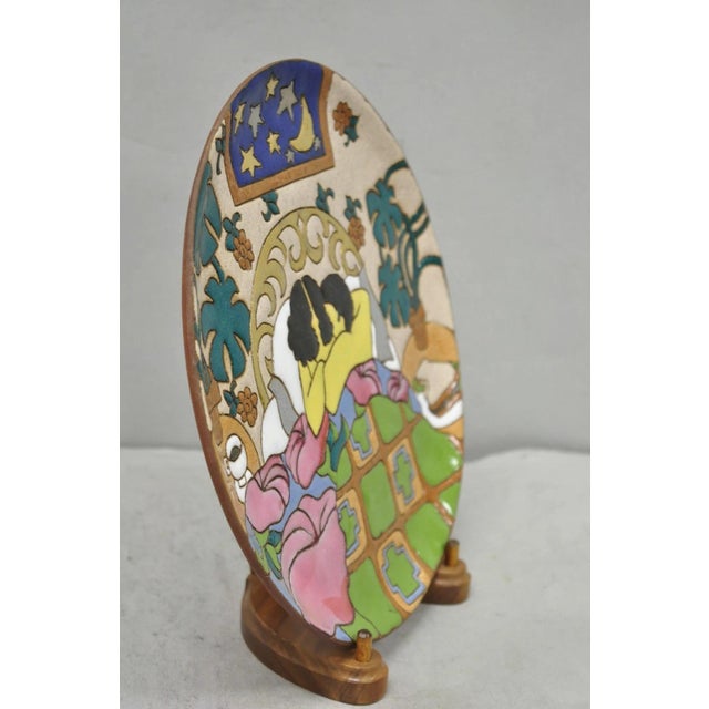 Green Vintage Judy Miller 10" Art Pottery Decorative Ceramic Plate "Lovers in Bed" For Sale - Image 8 of 10