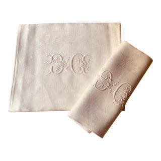 Antique French Damask Linen Napkins, Monogrammed Dc, Birds & Floral Wreath, Pair | C. 1900 For Sale