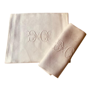 Antique French Damask Linen Napkins, Monogrammed Dc, Birds & Floral Wreath, Pair | C. 1900