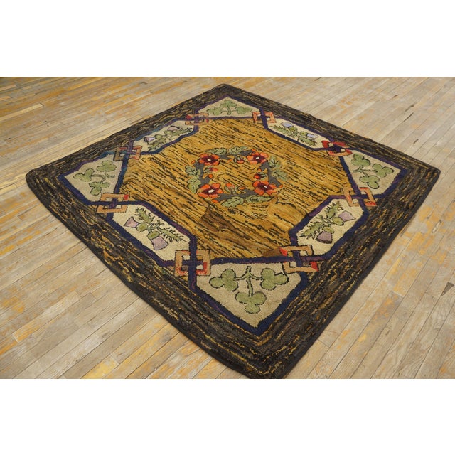American 1930s Orange Arts & Crafts Floral American Hooked Rug 6' X 6' Handknotted Wool Carpet For Sale - Image 3 of 8