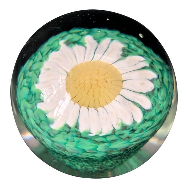 Vintage Murano Style Green Yellow and White Daisy Art Glass Paperweight For Sale