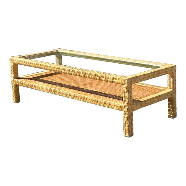 Vintage Costal Woven Rattan Coffee Table For Sale
