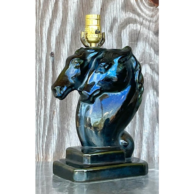 A fabulous vintage Boho table lamp. A chic double horse head with a glazed ceramic finish. Acquired from a Palm Beach estate.