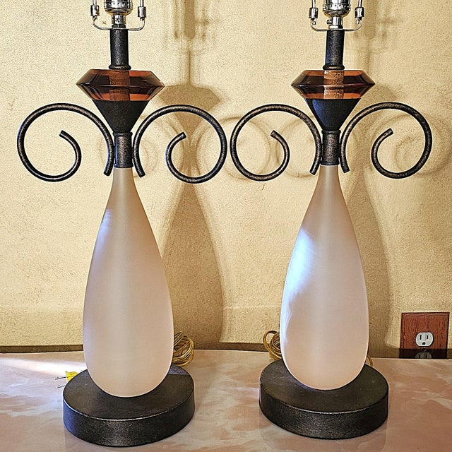 Metal Pair of Frosted Glass and Scrollwork Table Lamps, Early 21st Century For Sale - Image 7 of 18