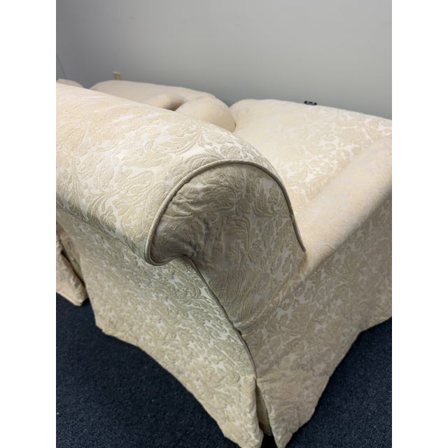 1990s Vintage Pem-Kay Cream Damask Skirted Chairs - A Pair For Sale - Image 5 of 11