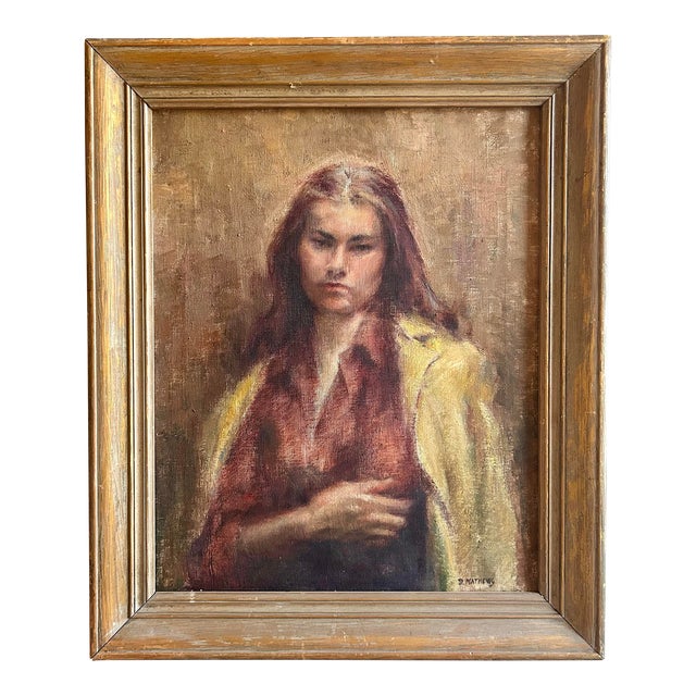 Vintage Original Oil Painting on Canvas Portrait of a Woman Signed Mathews For Sale