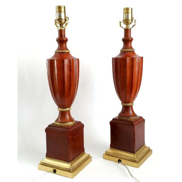 Brown Lamp Pair Mahogany Brass & Shades For Sale - Image 8 of 12