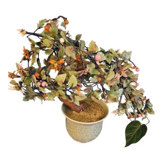 Vintage Mid 20th Century Jade Flowering Bonsai Tree With a Celadon Pot. For Sale