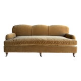 Modern English Sofa in a Caramel Mustard Faux Velvet Mohair With Down Cushion For Sale