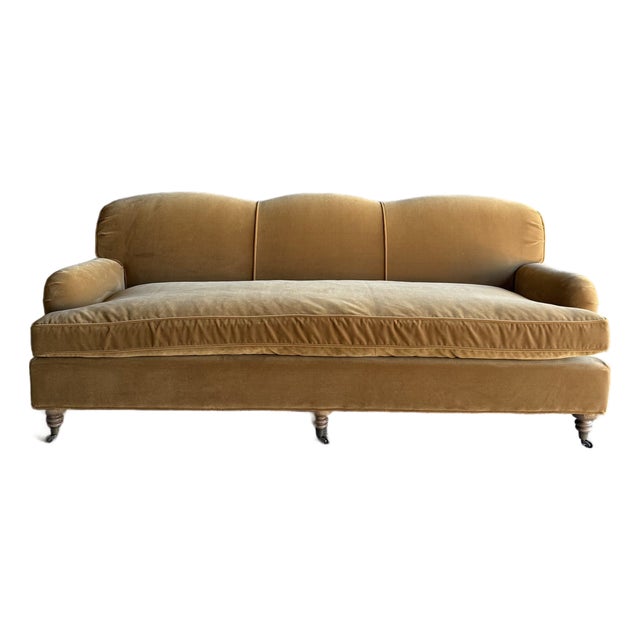 Modern English Sofa in a Caramel Mustard Faux Velvet Mohair With Down Cushion For Sale