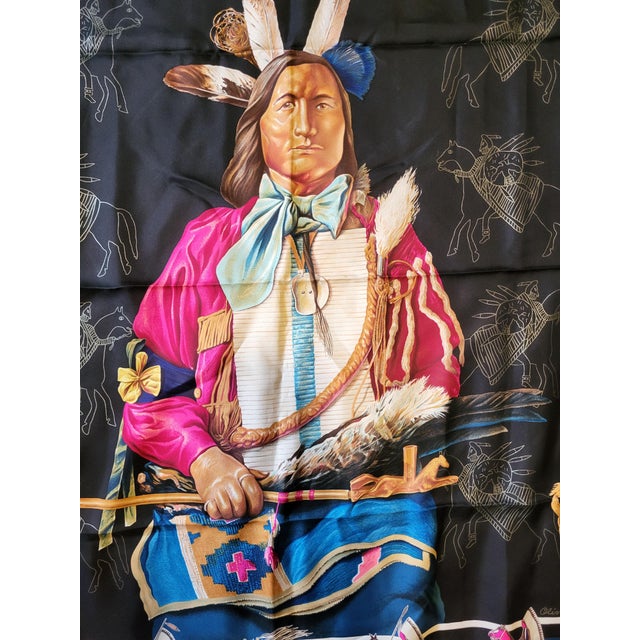 Textile Hermes France Carre 90 Kermit Oliver Native Pani La Shar Pawnee Black Silk Scarf For Sale - Image 7 of 11