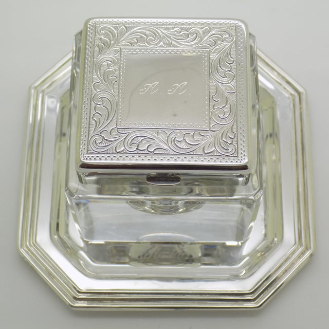 Vintage Italian Handmade Genuine Silver Inkwell in Glass and Silver with Tray from Prato Tuscany, 1970s For Sale - Image 12 of 18