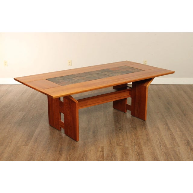 High Quality Custom Made Solid Cherry Trestle Dining Table with Slate Tile Top