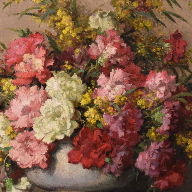 1930s Maurice Alfred Decamps, Still Life with Carnations and Mimosa, Oil on Canvas, 20th Century For Sale - Image 5 of 11
