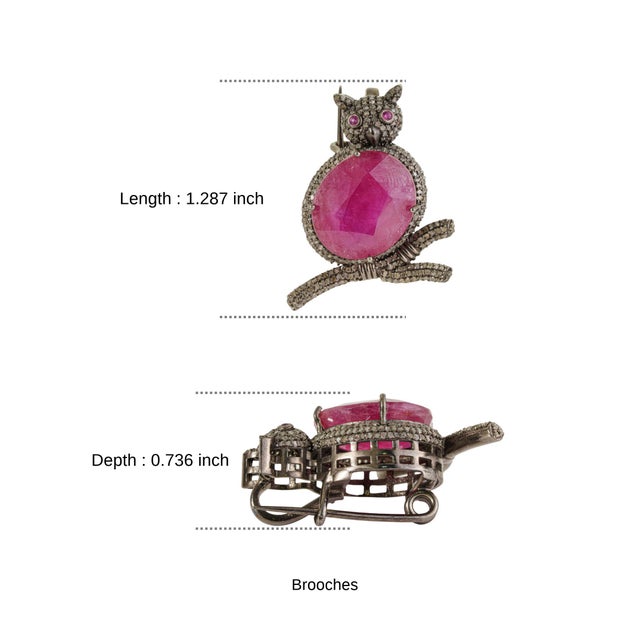 10 Ct Ruby & Diamond Wise Owl Oxidized Silver Unisex Brooch Pendant - Christmas Jewelry For Sale - Image 11 of 14