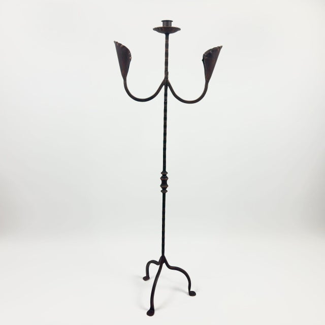 Black Hand Forged Iron Candelabra 48″ (123cm) Antique Copper or Gold Patina 3-Arm Lily Cup Candle Holder Rustic Wedding Decor For Sale - Image 8 of 9