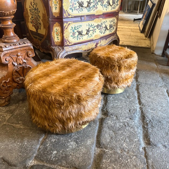 Two 1970s Mid-Century Modern Brass and Fabric Poufs " Him and Her " For Sale - Image 4 of 14