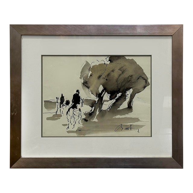 Vintage Abstract Fox Hunt Horse Painting in Gouache and Ink Watercolor For Sale