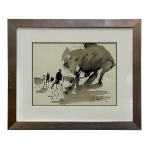 Vintage Abstract Fox Hunt Horse Painting in Gouache and Ink Watercolor