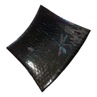 1970s Hand Crafted Iridescent Blue Glass Platter With Dragonfly Square 10in For Sale