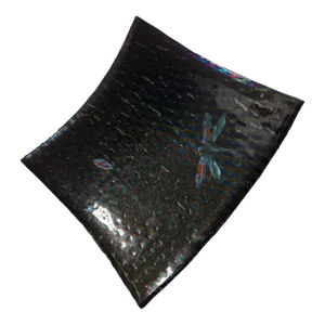 1970s Hand Crafted Iridescent Blue Glass Platter With Dragonfly Square 10in