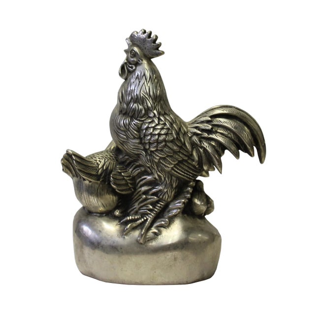 Chinese Chinese Silver Color Metal Rooster Family Small Figure For Sale - Image 3 of 6
