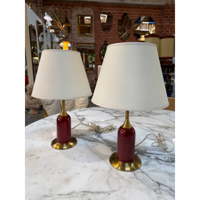Linen Vintage Red & Brass Table Lamps With Linen Shades - a Pair For Sale - Image 8 of 18