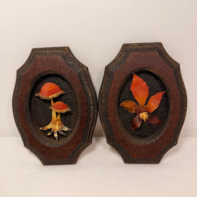 Vintage 3D wall art plaques feature a charming nature theme with a pair of mushrooms and a single orchid flower. Each...