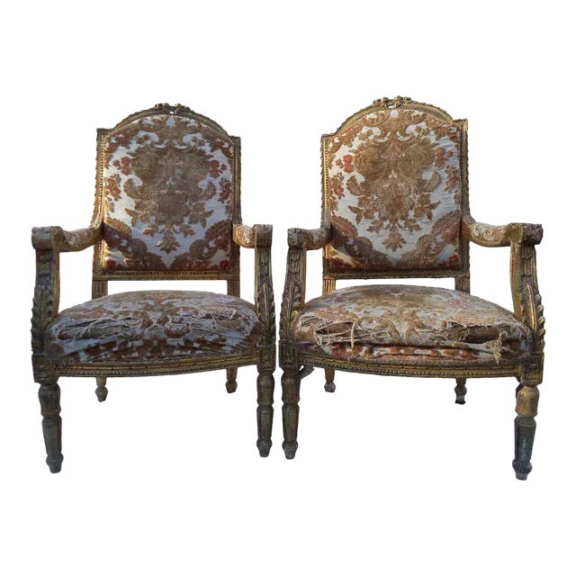 18th Century Louis XVI Giltwood Fauteuils - A Pair For Sale