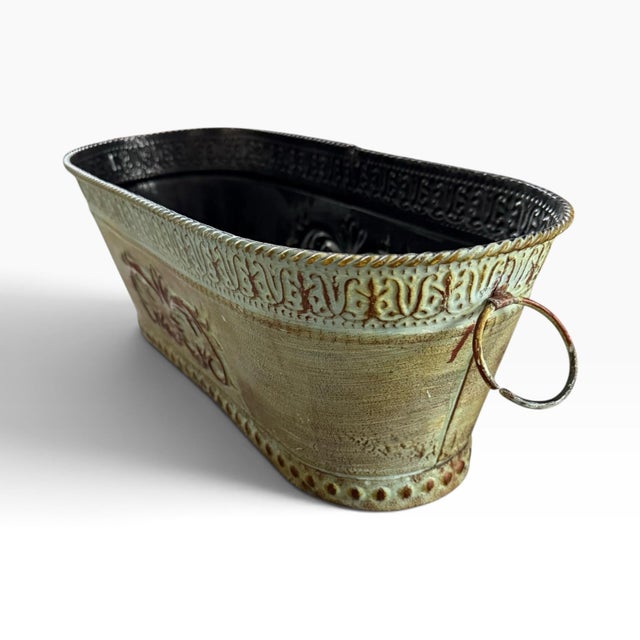 Late 20th Century Vintage Embossed Metal Jardinière Planter With Ring Handles | Distressed French Country Cachepot For Sale - Image 5 of 7
