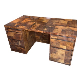 Mid 20th Century Paul Evans Cityscape Patchwork Burl Wood Desk For Sale
