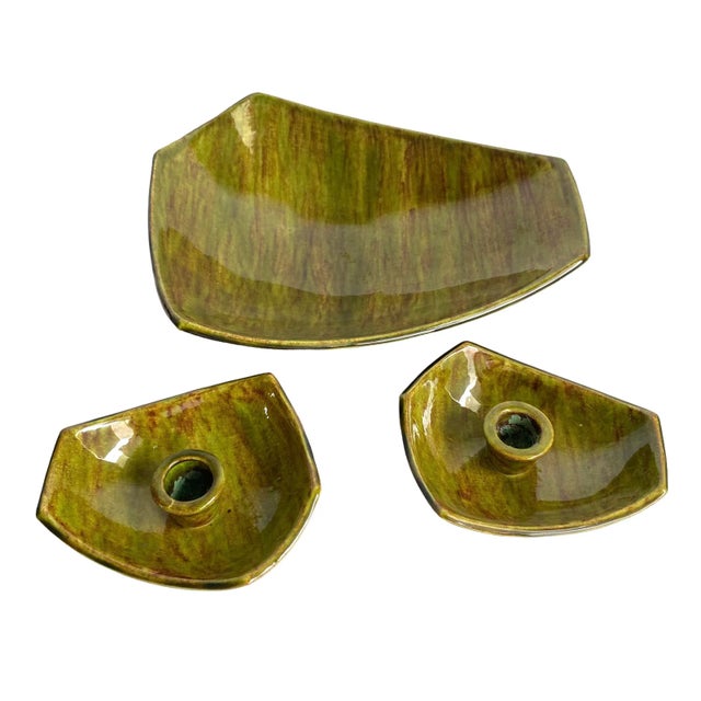 Mid-Century Modern Mid Century 1960s Centerpiece Bowl and Candle Holders Avocado Glaze Ceramic Set of 3 For Sale - Image 3 of 10