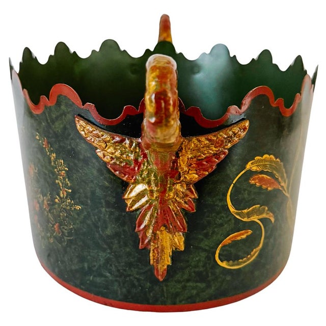 Mid 20th Century Vintage Italian Tole Hand Painted Faux Malachite Green Oval Jardiniere For Sale - Image 5 of 8