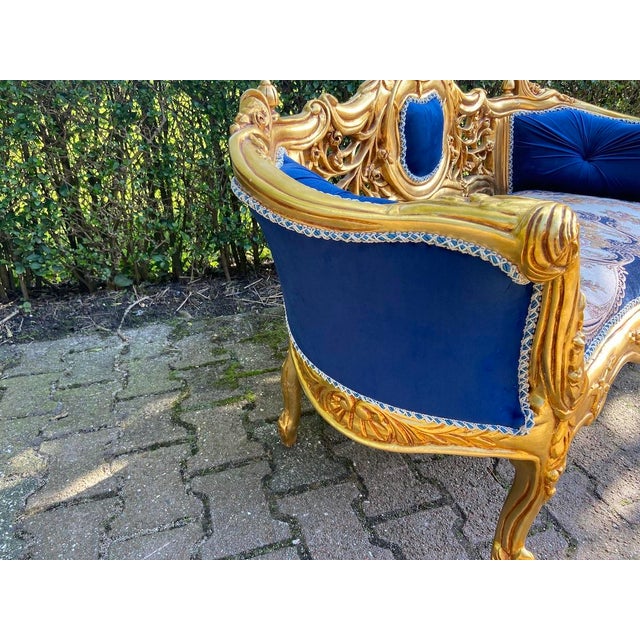 Late 20thC French Louis XVI Blue Velvet Antique Gold Beech Settee For Sale - Image 12 of 14