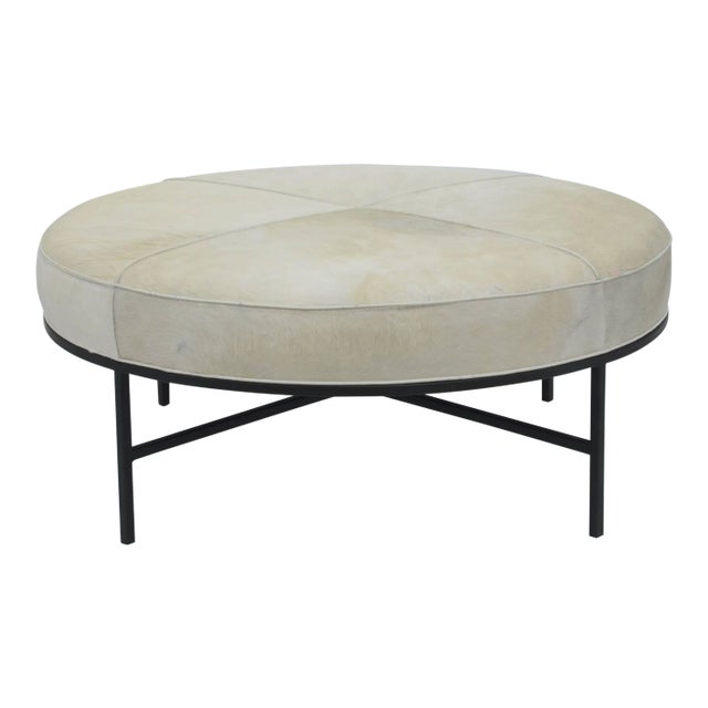 Design Frères White Hide and Blackened Steel 'Tambour' Ottoman For Sale