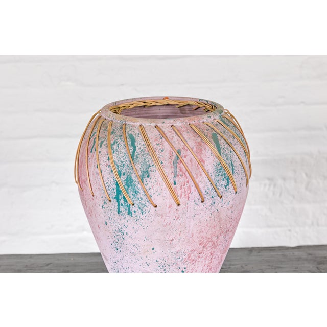 Wood Hand-Crafted American Artists Collection Pink Pastel Vase with Weaving For Sale - Image 7 of 12