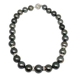 Diamond Tahitian Pearl 14k Gold Necklace Certified For Sale