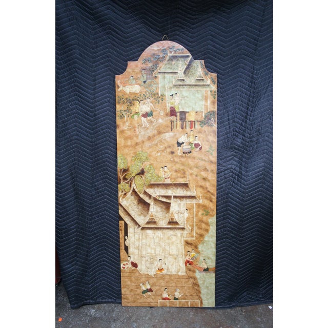 Maitland - Smith Vintage Lacquered Chinoiserie Painted Hanging Panel Pagoda Village Scene Screen Attributed to Maitland Smith For Sale - Image 4 of 12