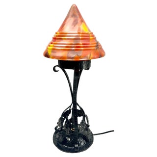 Art Nouveau Lamp in Wrought Iron with Glass Shade Scailmont, Belgium, 1930s For Sale