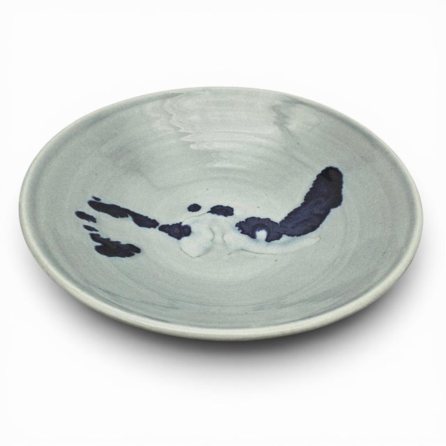 Ceramic Vintage Studio Pottery Serving Bowl Celadon Cobalt Abstract Signed 13 For Sale - Image 7 of 11
