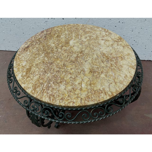 Brown Round Wrought Iron and Marble Coffee Table For Sale - Image 8 of 11